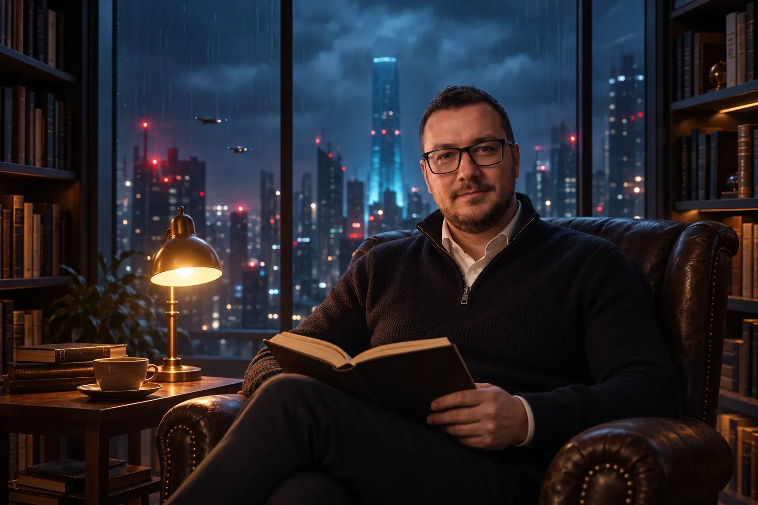 Nocą w domowej bibliotece Bartłomiej Borowczyk w ciemnym swetrze siedzi w skórzanym fotelu z otwartą książką, obok lampka i filiżanka herbaty; za nim całą ścianę zajmuje okno na deszczowe, rozświetlone miasto.