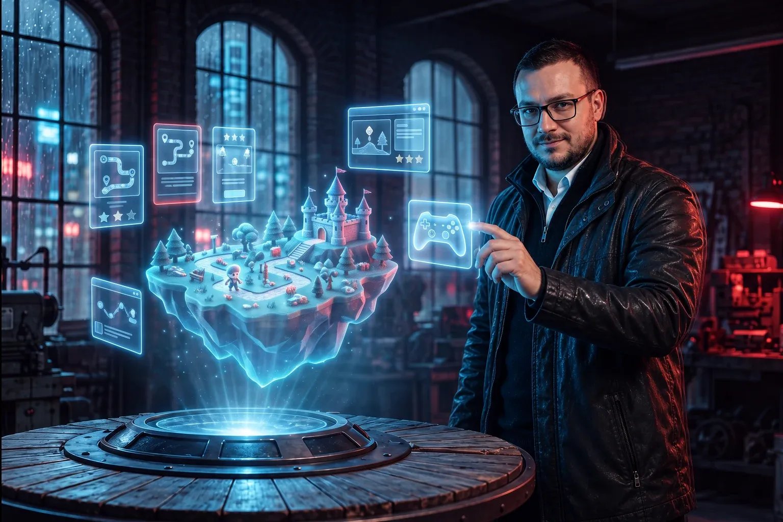 Ten sam warsztat: hologram nad stołem pokazuje teraz miniaturowy świat gry – wyspę z zamkiem, ścieżkami i małym bohaterem, obok kontroler i karty poziomów.